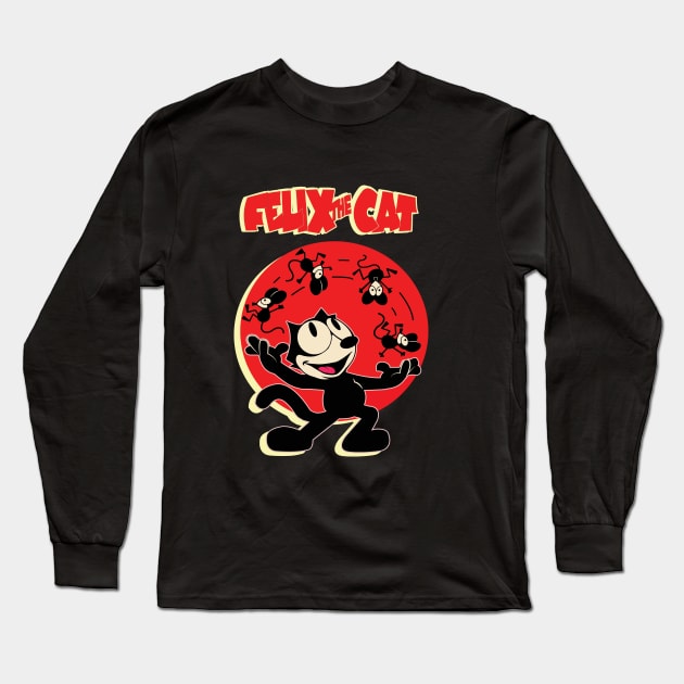 Felix the Cat Juggling Mice Felix Cat Cartoon Red Old School Retro Style Long Sleeve T-Shirt by VogueTime